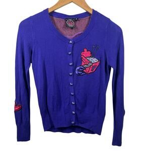 Too Fast Cardigan Sweater Women M Purple Noodle Kitten Embroidery Hearts Cartoon